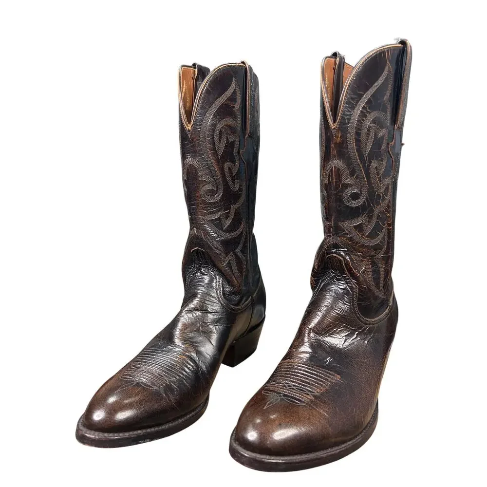 Vintage Lucchese Men’s Brown Leather Glossy Cowboy Boot Size US 8.5 D